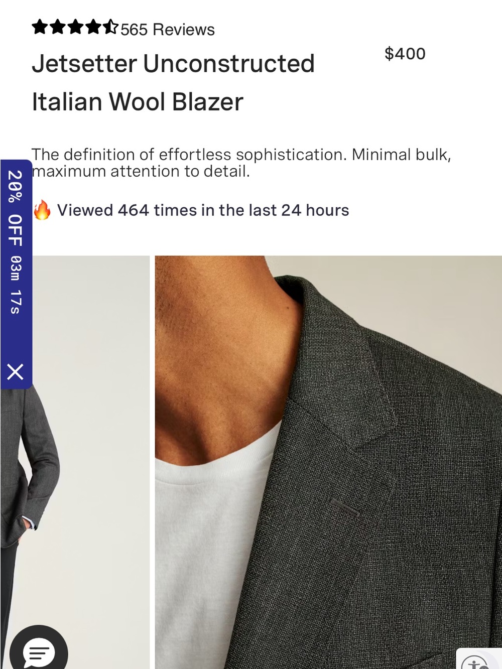Bonobos “Jetsetter”Stretch Italian Wool Blazer Single-Breasted in Charcoal 42R